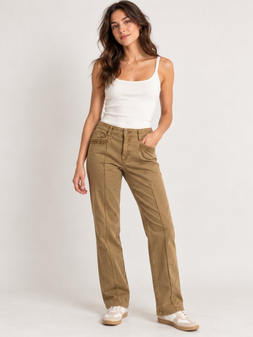 Caché Women's Pants Brown Tan Studded Stretch Flap Pocket Size 6 Y2K Straight